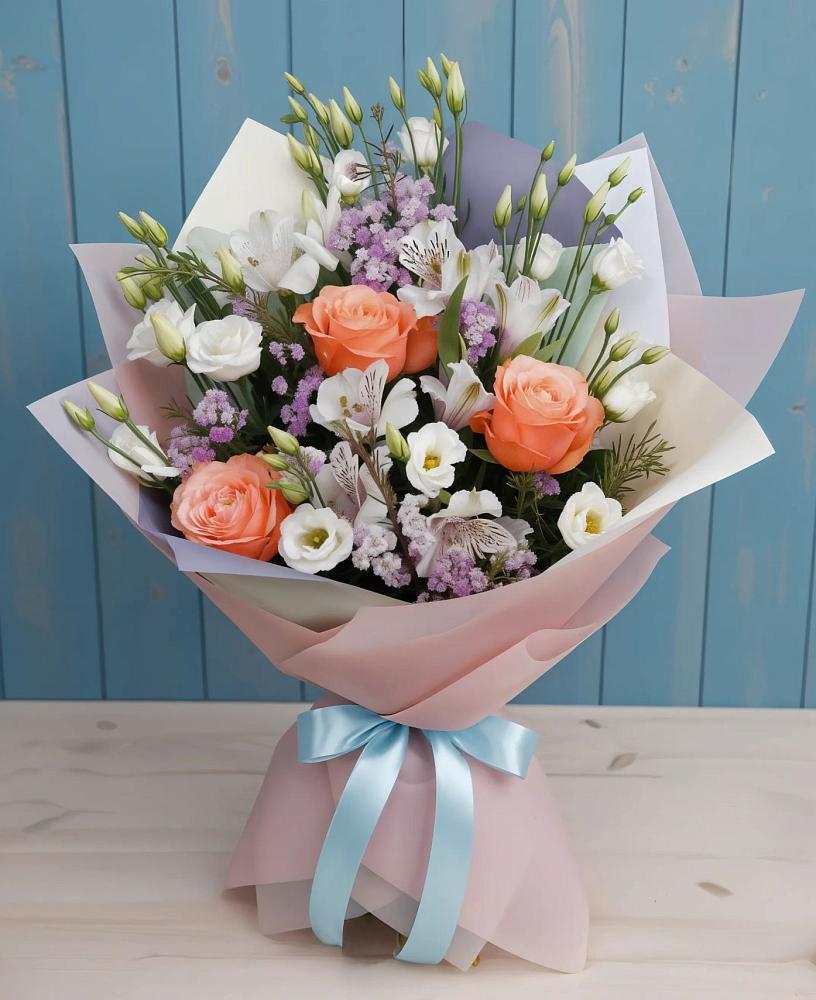Букет цветов из: Лизиантусы, Розы, Альстромерии и Гипсофила в Циолковском