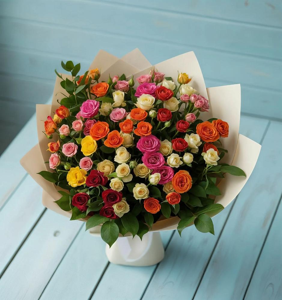 Букет Микс из разноцветных кустовых роз в Циолковском