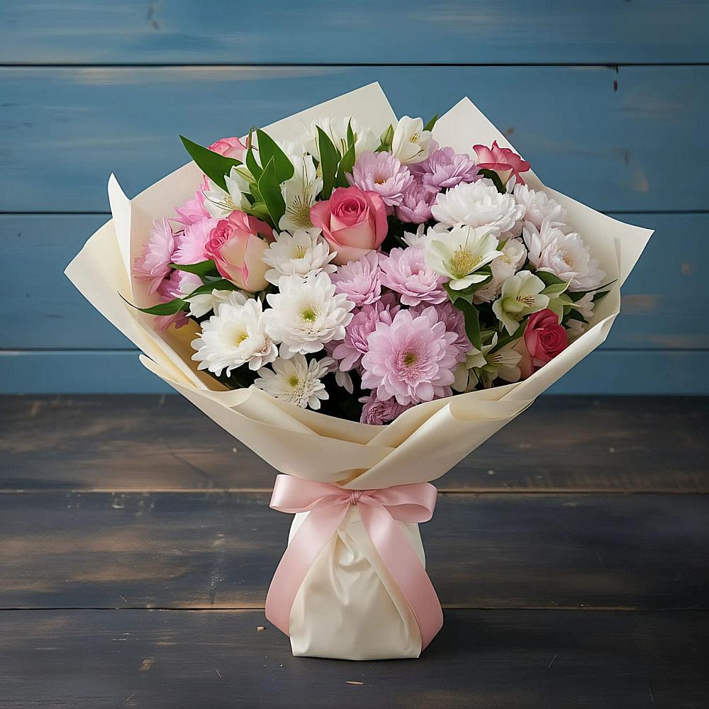 Букет цветов из: Хризантемы, Альстромерии и Розы в Циолковском